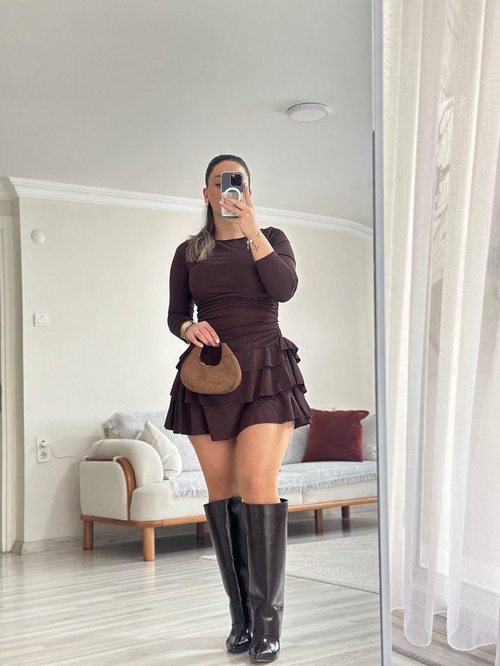 Kahverengi Mini Elbise - Görsel 3