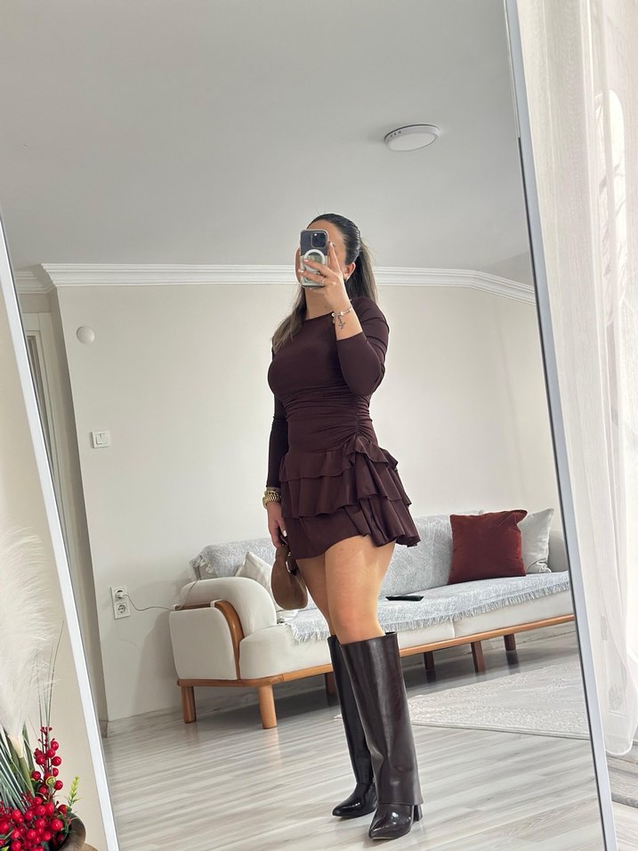 Kahverengi Mini Elbise - Görsel 2