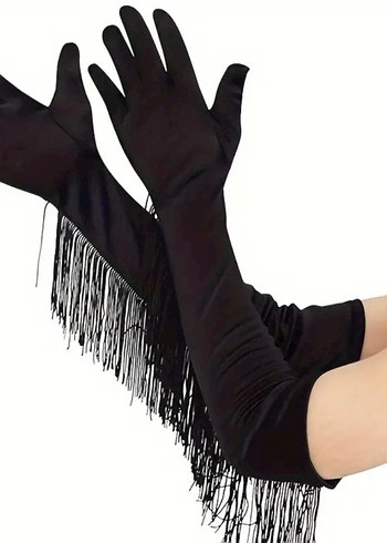 Beden Püsküllü Siyah Gotik Kadın Eldiveni