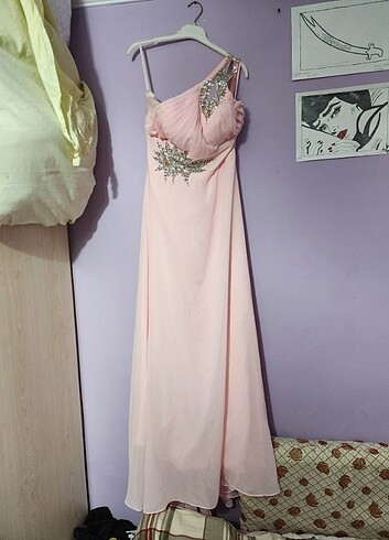 Toz Pembe Boncuk İşlemeli Maxi Abiye