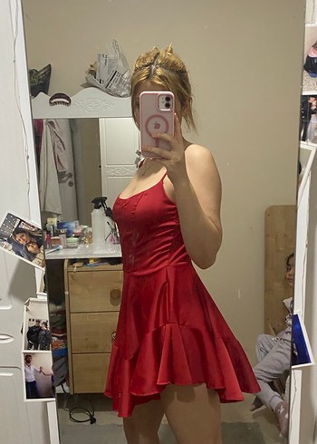 Parlak Kırmızı İp Askılı Midi Elbise - Görsel 2