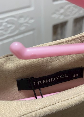 Bej Midi Keten Kolsuz Ofis Elbisesi - Görsel 4