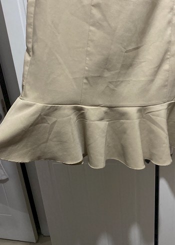 Bej Midi Keten Kolsuz Ofis Elbisesi - Görsel 2