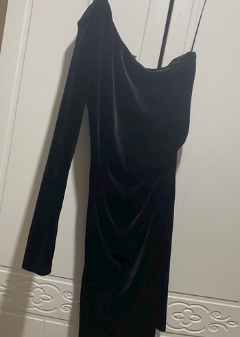 Siyah Uzun Kollu V Yaka Drapeli Abiye Elbise - Görsel 3