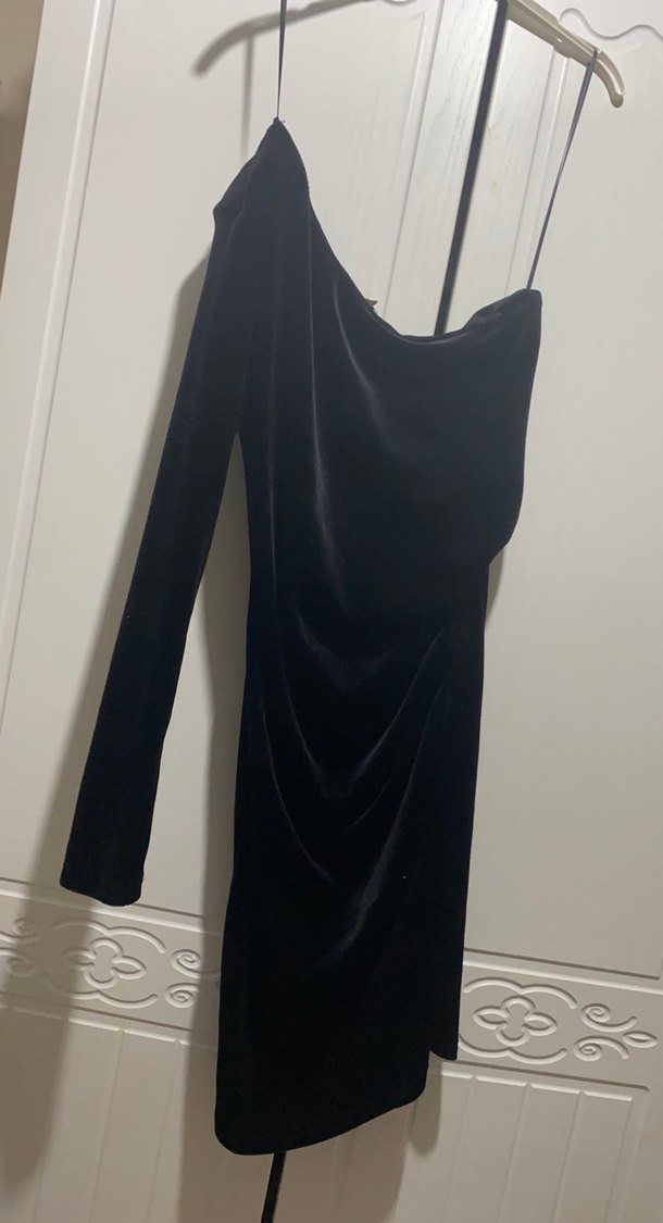 Siyah Uzun Kollu V Yaka Drapeli Abiye Elbise - Görsel 3