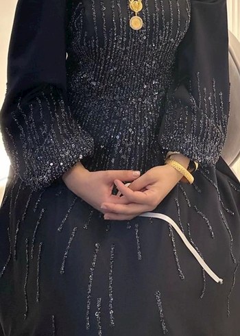 Uzun Kollu lacivert İşlemeli Abiye Elbise - Görsel 3