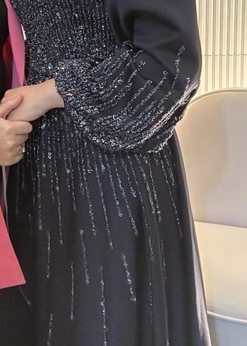 Uzun Kollu lacivert İşlemeli Abiye Elbise - Görsel 2