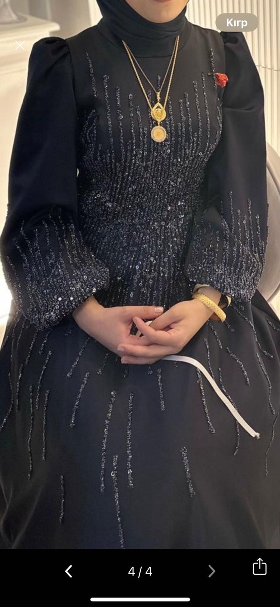 Uzun Kollu lacivert İşlemeli Abiye Elbise - Görsel 3