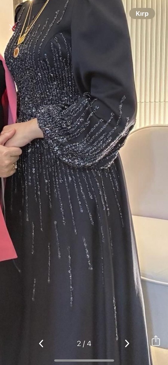 Uzun Kollu lacivert İşlemeli Abiye Elbise - Görsel 2