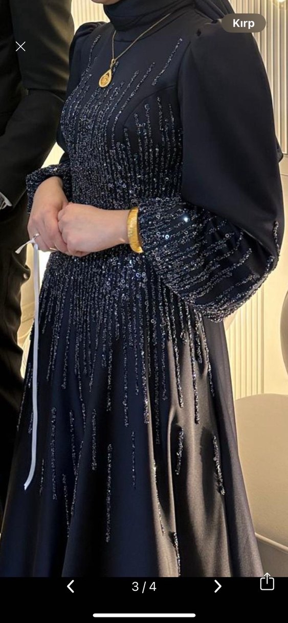 Uzun Kollu lacivert İşlemeli Abiye Elbise - Görsel 4