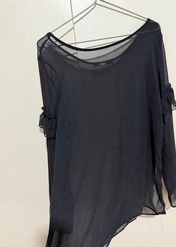 Siyah şifon Uzun Kollu Fırfırlı Transparan Bluz - Görsel 3