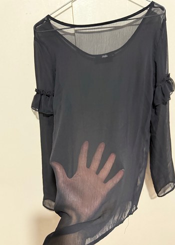 Siyah şifon Uzun Kollu Fırfırlı Transparan Bluz - Görsel 2