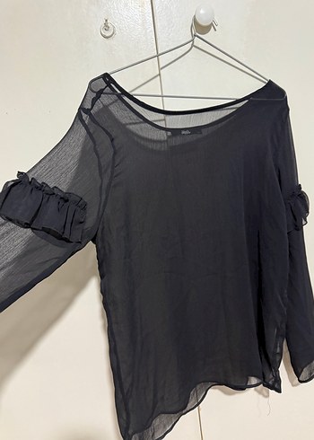Siyah şifon Uzun Kollu Fırfırlı Transparan Bluz - Görsel 4