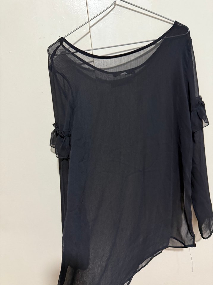 Siyah şifon Uzun Kollu Fırfırlı Transparan Bluz - Görsel 3