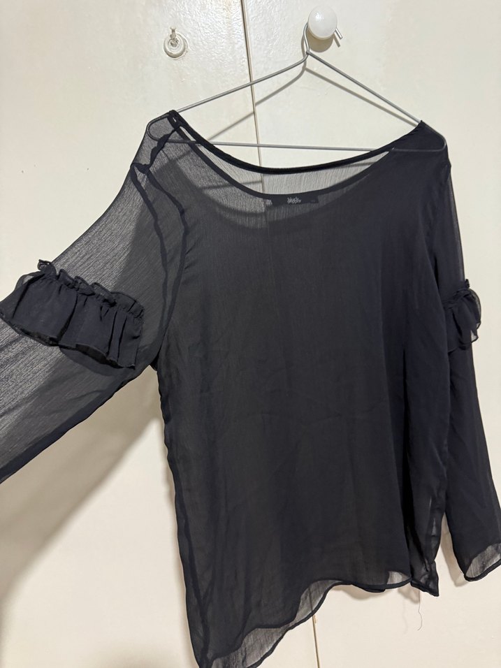 Siyah şifon Uzun Kollu Fırfırlı Transparan Bluz - Görsel 4
