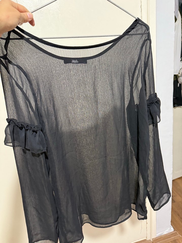 Siyah şifon Uzun Kollu Fırfırlı Transparan Bluz - Görsel 5