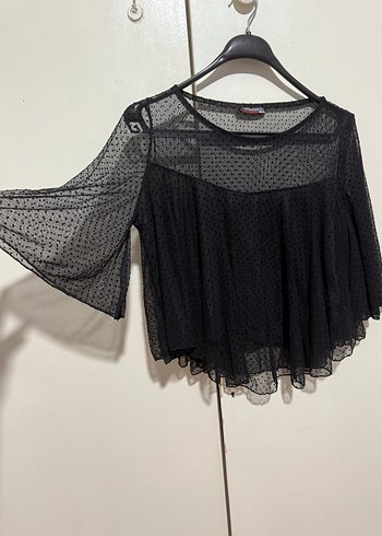 Siyah Mini volanlı Tül detaylı transparan abiye  Bluz - Görsel 2