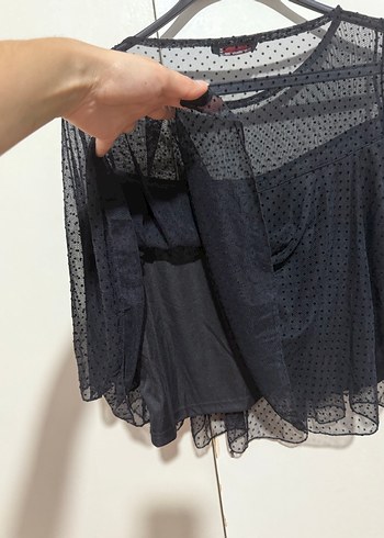 Siyah Mini volanlı Tül detaylı transparan abiye  Bluz - Görsel 5