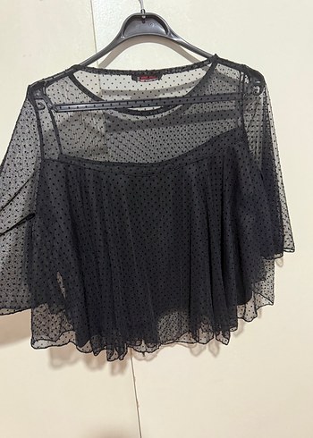 Siyah Mini volanlı Tül detaylı transparan abiye  Bluz - Görsel 4