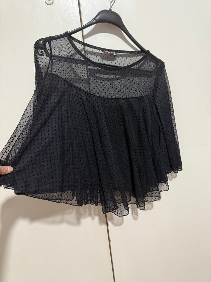 Siyah Mini volanlı Tül detaylı transparan abiye  Bluz - Görsel 3