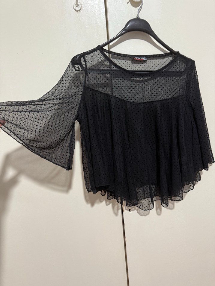 Siyah Mini volanlı Tül detaylı transparan abiye  Bluz - Görsel 2