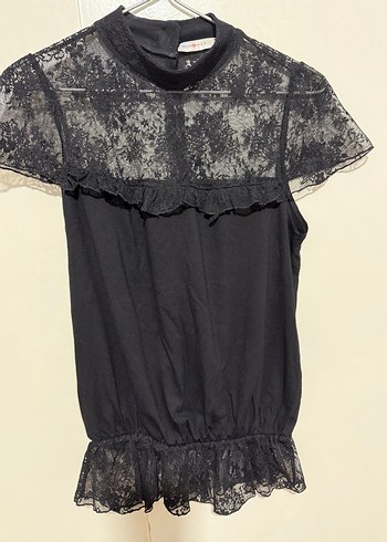 Dantel ,tül detaylı Siyah dik yaka Kadın Bluz - Görsel 3