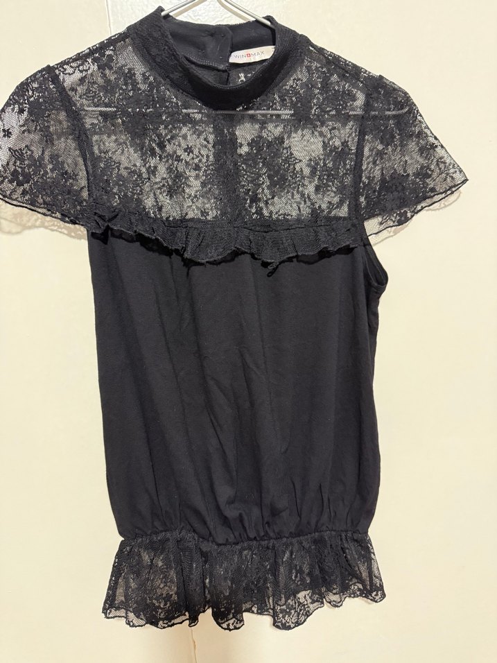 Dantel ,tül detaylı Siyah dik yaka Kadın Bluz - Görsel 3