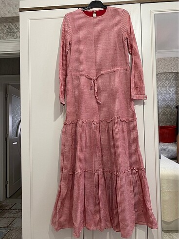 Pembe çizgili, astarlı,pamuklu elbise