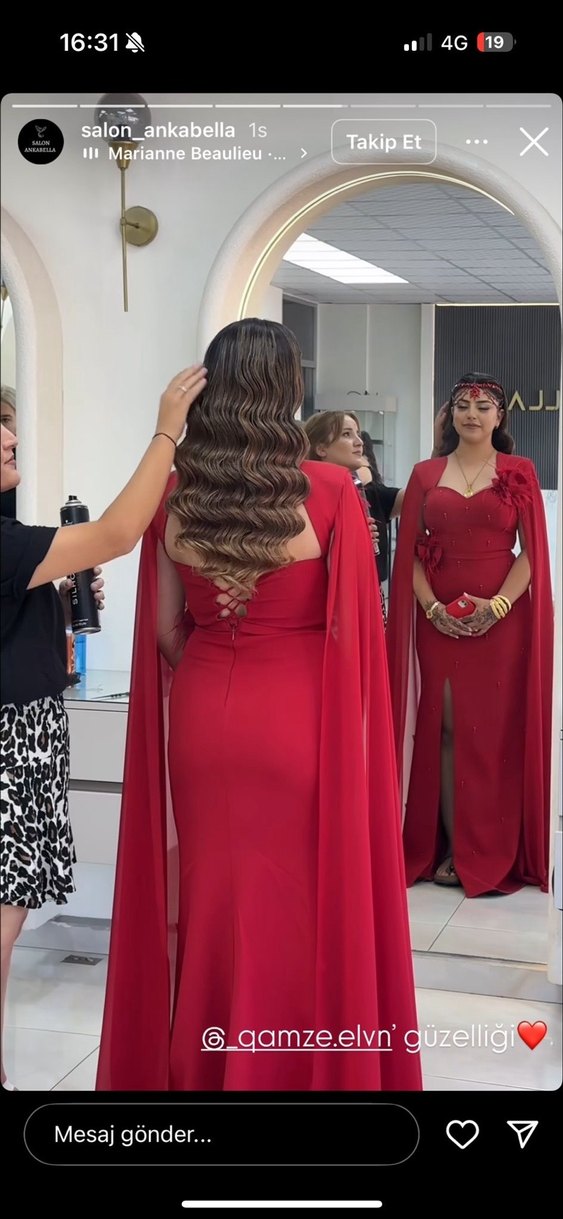 Kırmızı Drape Detaylı Uzun Abiye Elbise - Görsel 2