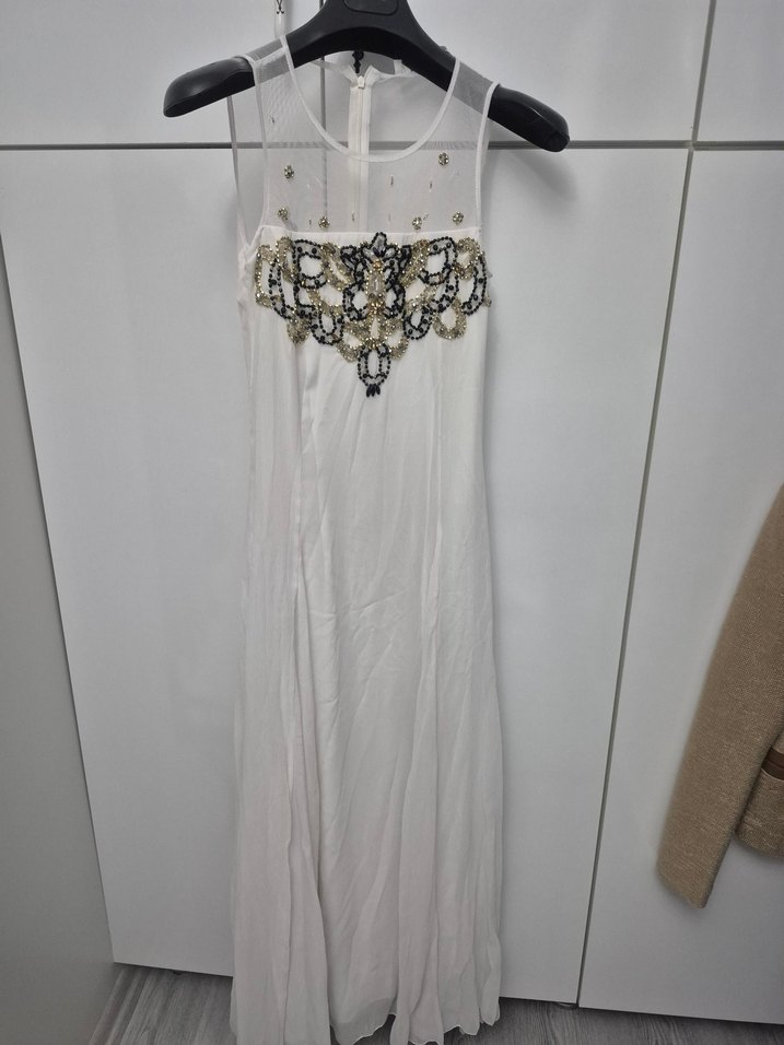 Boncuk İşlemeli Beyaz Uzun Abiye Elbise - Görsel 2