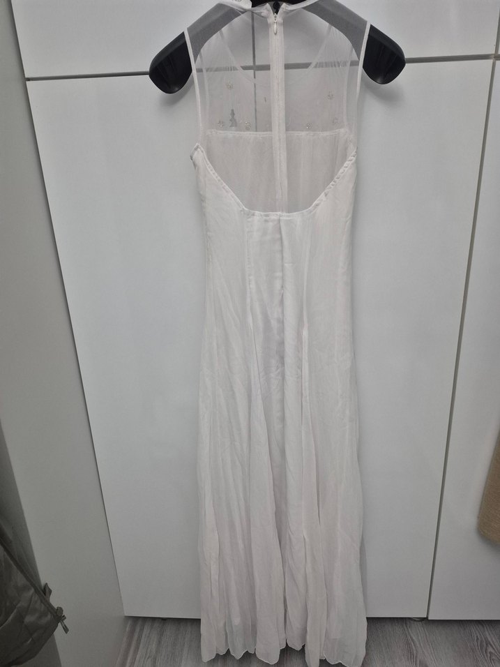 Boncuk İşlemeli Beyaz Uzun Abiye Elbise - Görsel 4