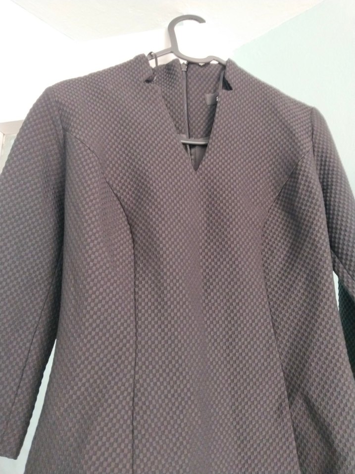 Siyah V Yakalı Midi ofis elbisesi - Görsel 2