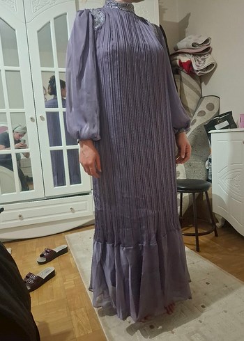 Diğer Uzun Pilili Gri Bohem Elbise