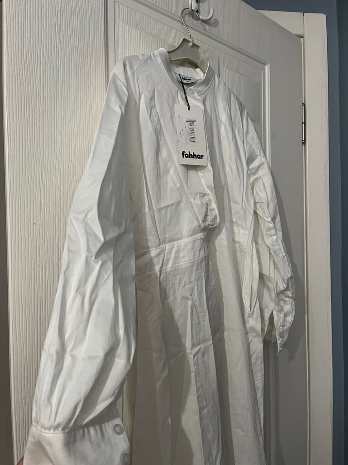 Beyaz Keten Uzun Kollu Bohem Elbise - Görsel 3