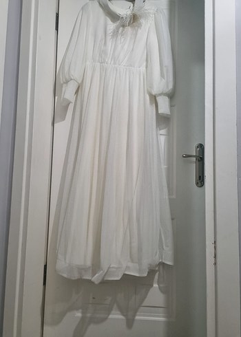 Beyaz Uzun Kollu Drapeli Kadın Elbise - Görsel 2