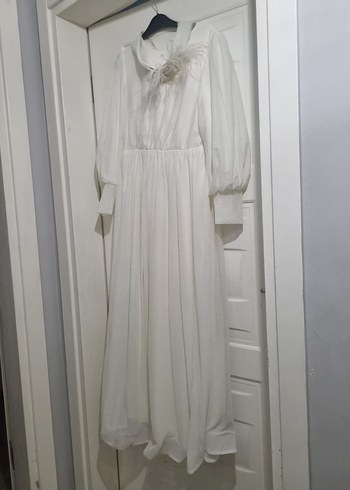 Beyaz Uzun Kollu Drapeli Kadın Elbise - Görsel 3