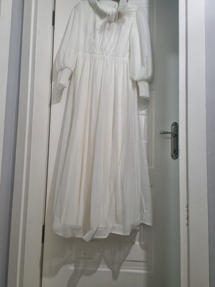 Beyaz Uzun Kollu Drapeli Kadın Elbise - Görsel 2