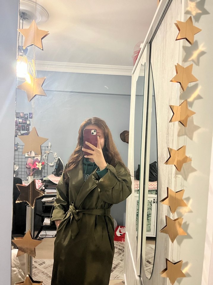 Kadın Haki Midi Trençkot Şeffaf Detaylı - Görsel 5