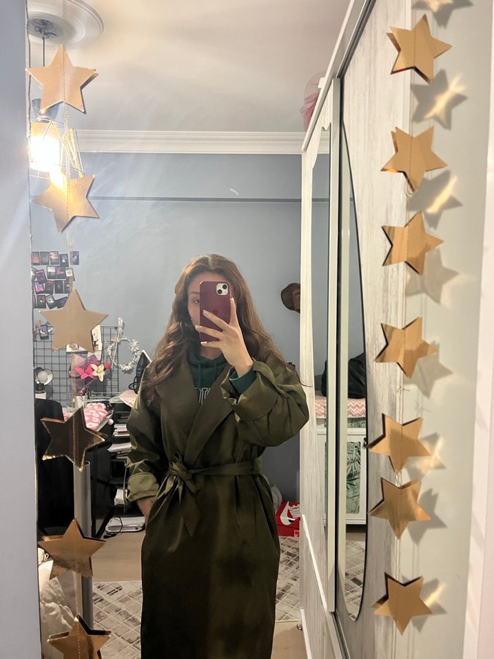 Kadın Haki Midi Trençkot Şeffaf Detaylı - Görsel 4