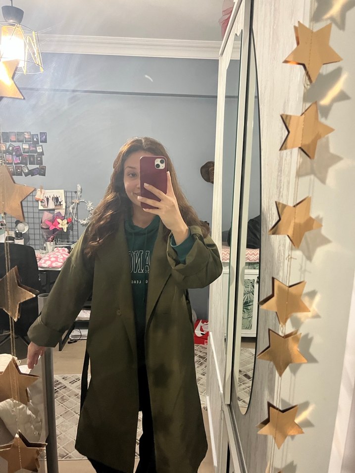 Kadın Haki Midi Trençkot Şeffaf Detaylı - Görsel 2