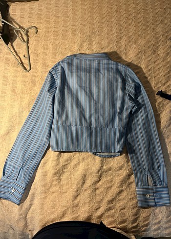 Düğmeli Mavi Çizgili Keten Uzun Kollu Gömlek - Görsel 2