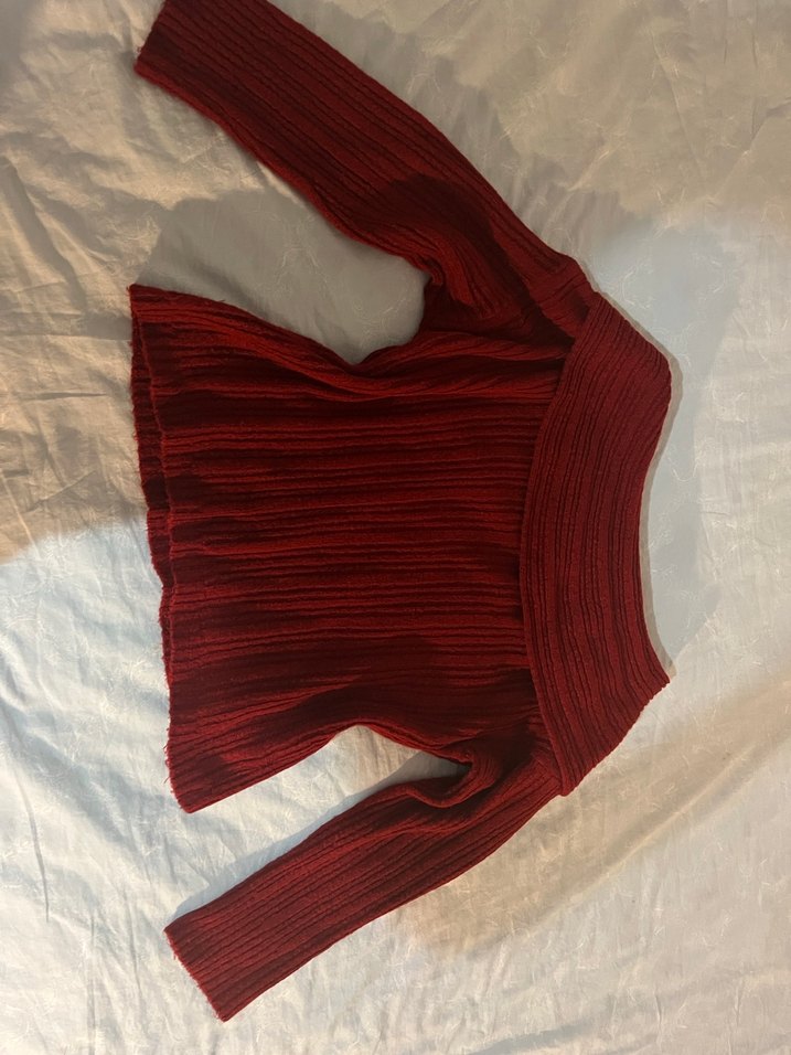 Bordo Kadın Triko Bluz omuzları açık - Görsel 2