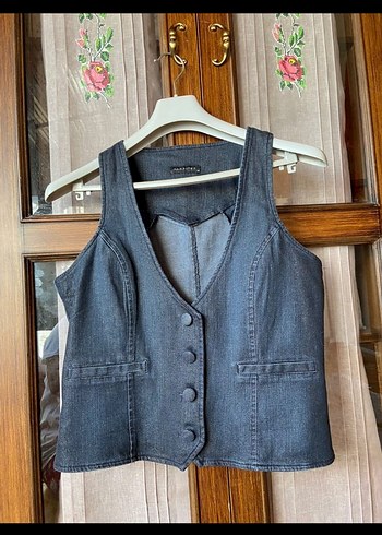 xl Beden gri Renk lacivert Denim Kemerli Kadın Yelek