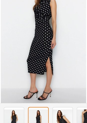 Puantiye Desenli Siyah Midi Kalem Elbise - Görsel 2