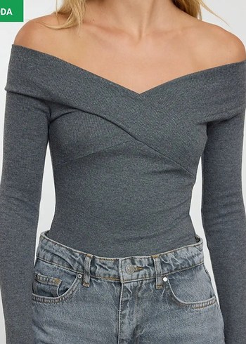 gri madonna yaka Uzun Kollu Kadın Crop body - Görsel 2