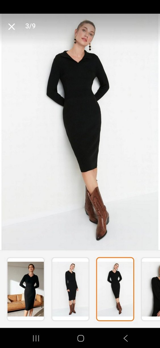 Siyah V Yakalı Uzun Triko Elbise bodycon - Görsel 3