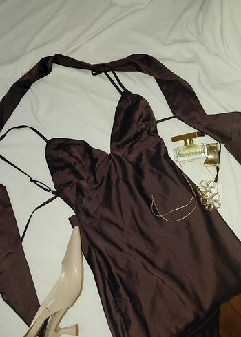 ACI KAHVE SATEN ELBİSE - Görsel 3