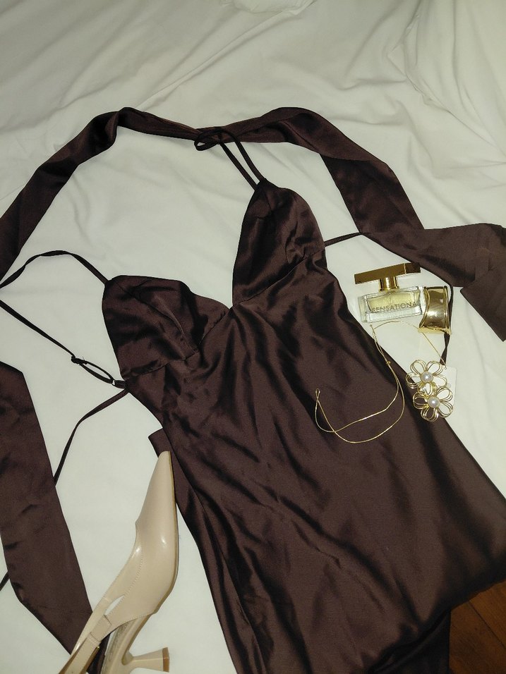 ACI KAHVE SATEN ELBİSE - Görsel 3