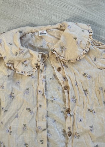 Bej Çiçekli Kız Keten Gömlek - Görsel 2