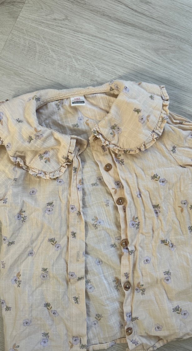 Bej Çiçekli Kız Keten Gömlek - Görsel 2